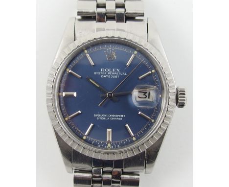 A stainless steel gents watch the metallic blue dial marked Rolex Oyster perpetual datejust superlative chronometer officiall