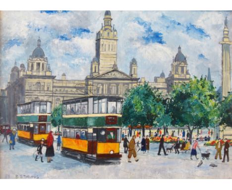•BETTY M STIRLING (Scottish Fl. 1965) TRAMS AT GEORGE SQUARE Oil on board, signed, 24 x 34cm (9 1/2 x 13 1/2")