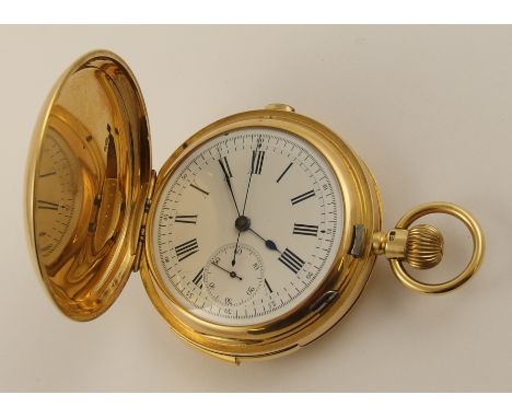 An 18ct full hunter chronograph 1/4 repeater with a white enamel dial with black Roman numerals, a subsidiary seconds dial wi