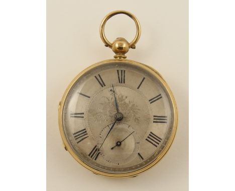 An 18ct small pocket watch with silver coloured flower engraved dial, black Roman numerals, a subsidiary seconds dial, and bl