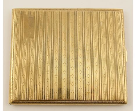 A 9ct cigarette box with all over engine turned decoration, made by B H Britton & Son, approx weight 101.2gms