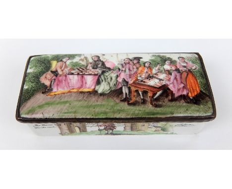 An 18th Century enamel box of rectangular shape, the hinged cover hand painted with various figures playing draughts and back