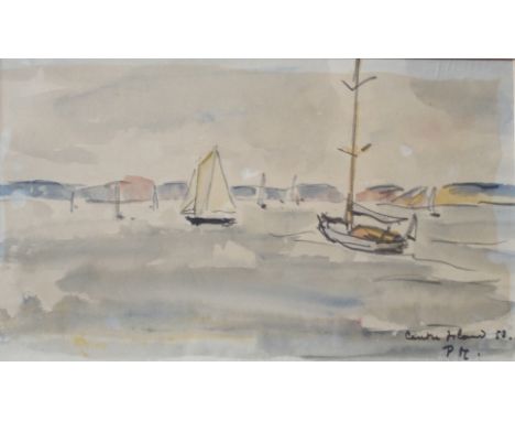 •PAUL MAZE (French/British 1887 - 1979) A WATERWAY WITH YACHTS Watercolour and pencil, inscribed, signed with initials and da