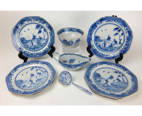 Seven Chinese export blue and white octagonal plates painted with figures fishing within foliate, insect and precious symbols