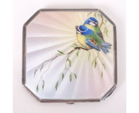 A silver and enamel compact by Crisford and Norris Limited, Birmingham 1937, of square shape with canted corners, the lid wit