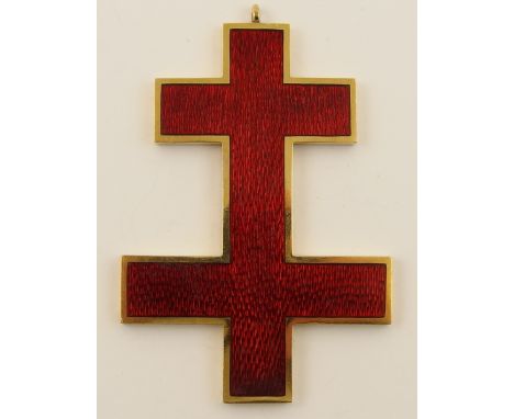 A double ended red enamel cross called the cross of Lorraine or the patriarch cross, the origin of this example is not known,