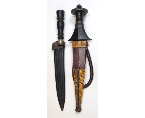 An Indo-Persian dagger with wire wound and steel mounted pommel, wire wound hilt in animal skin scabbard with leather belt lo