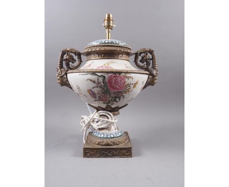 An Italian style crackle glazed urn with gilt metal mounts and floral decoration (now converted to a table lamp), 17" high 