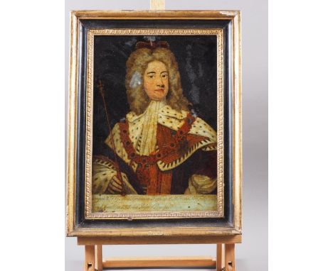 An 18th century hand-coloured print laid on glass, portrait of George II, in original Hogarth frame 