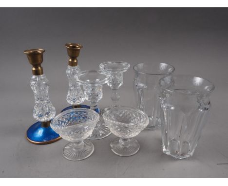 A pair of Baccarat clear faceted glasses, 5" high, a pair of Royal Brierley clear glass candlesticks, 5" high, a pair of cand