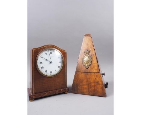 A French mahogany cased mantel clock with line inlay, white enamel dial and Roman numerals, dial signed Hampton &amp; Sons - 