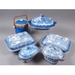A Wedgwood of Etruria "Willow" pattern tureen, another similar, three other tureens and a biscuit