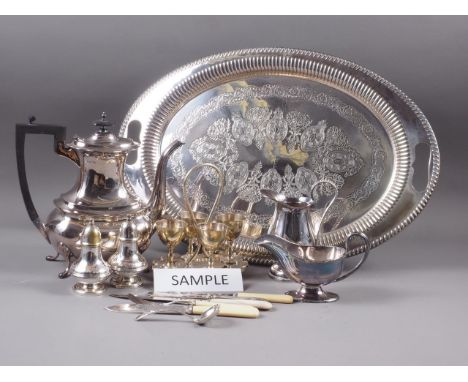 A Walker &amp; Hall  silver plated Georgian style coffee pot, a plated tray, 20" wide, a quantity of loose plated cutlery, a 