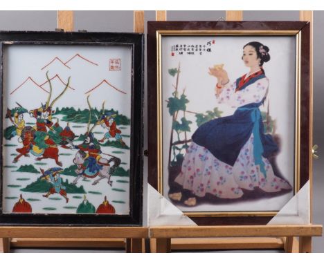 Two Chinese ceramic plaques, decorated figures and script, 9 3/4" wide x 13" high, and two other plaques decorated landscapes