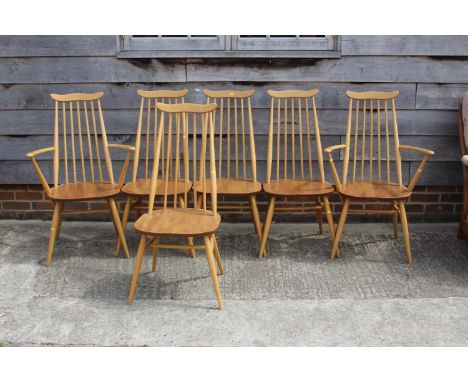 A set of six Ercol 369 and 369A "Goldsmith" high spindle back dining chairs (4+2)Condition: Nice and clean, light domestic us