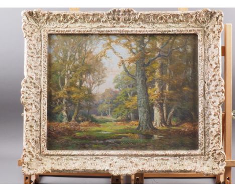 F G R Colquhoun: oil on canvas, New Forest scene, 12" x 17", in gilt swept frame 