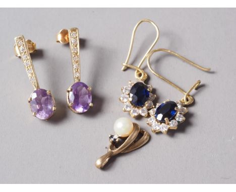 A pair of yellow metal, amethyst and diamond drop earrings, a pair of yellow metal drop earrings, set blue and white stones, 