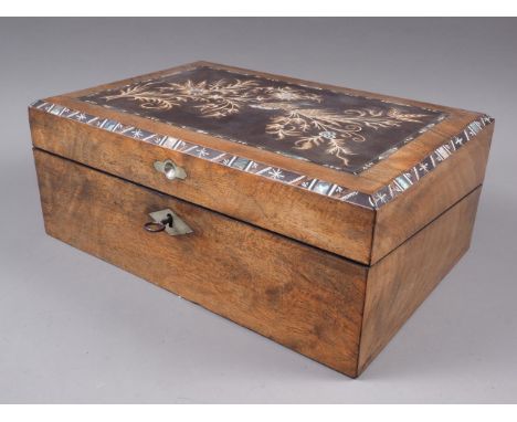 A walnut and mother-of-pearl inlaid writing box with bird and foliage decoration, 12 3/4" wide x 8 3/4" deep