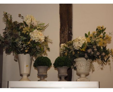 A Villeroy &amp; Boch white glazed tapered vase, 12" high, a smaller similar urn with relief decoration and a smaller similar