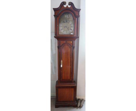 John  Dene, 1791: a satinwood and inlaid long case clock with broken swan neck pediment and split turned columns with brass d