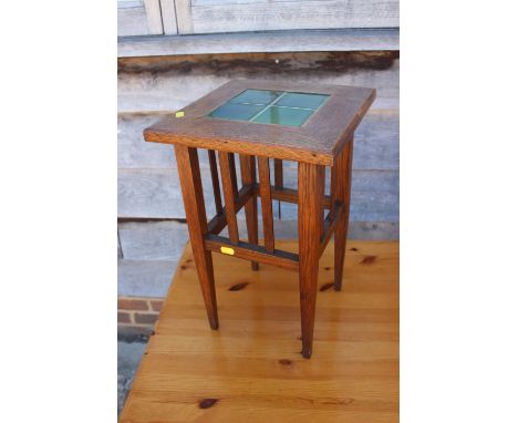 An oak tile top jardiniere stand, 11" square x 18" high, a walnut two-tier occasional table, fitted one drawer, 21" square, a