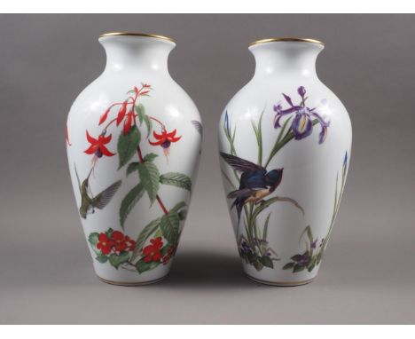 A pair of Japanese Franklin Porcelain "The Garden Bird" vases, 12" high 