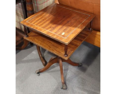 A mahogany two-tier "book table", on tripod splay support, and a pair of two-tier lamp tables, fitted two drawers 