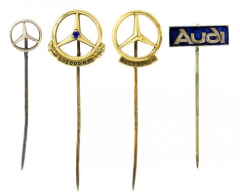 TWO SILVER GILT MERCEDES BENZ STICK PINS AND TWO OTHERS