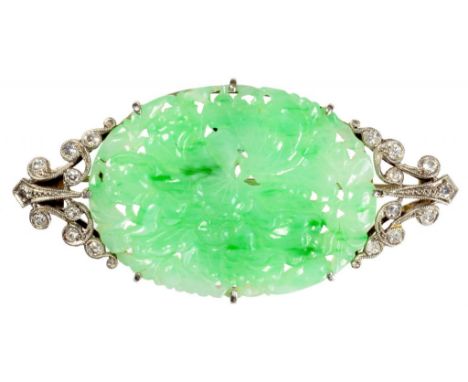 A DIAMOND AND CARVED JADE BROOCH, EARLY 20TH C  5.9cm, in the original Liberty & Co fitted box, 14g ++A very attractive brooc