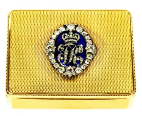 A FINE GEORGE III DIAMOND SET  18CT GOLD SNUFF BOX, BY A J STRACHAN  engine turned, the lid applied at later date with the ci