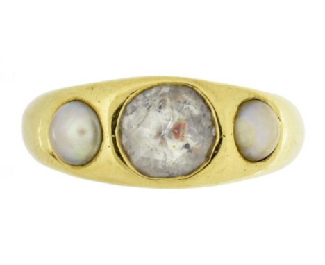 A DIAMOND AND SPLIT PEARL THREE STONE RING  with rose cut diamonds, in gold, marked 18, 6.4g, size K½ ++In good second hand c