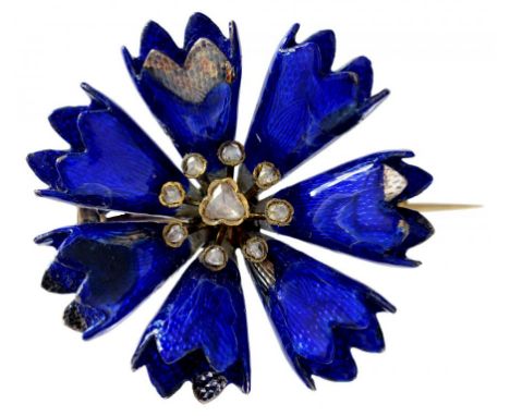 A PRUSSIAN IMPERIAL PRESENTATION DIAMOND SET BLUE GUILLOCHE ENAMEL CORNFLOWER BROOCH, C1858  3.5cm  Provenance:  Victoria,  P