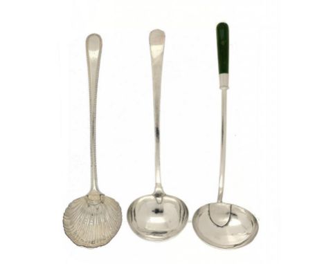 THREE SHEFFIELD PLATE SOUP LADLES, ONE WITH GREEN STAINED IVORY HAFT, C1770, 1790 AND 1800 including a Feather Edge  pattern 