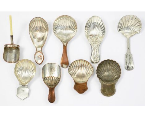 NINE SHEFFIELD PLATE CADDY SPOONS, LATE 18TH/EARLY 19TH C one of shovel type with bone handle, 6-9.5cm l ++All in acceptable 