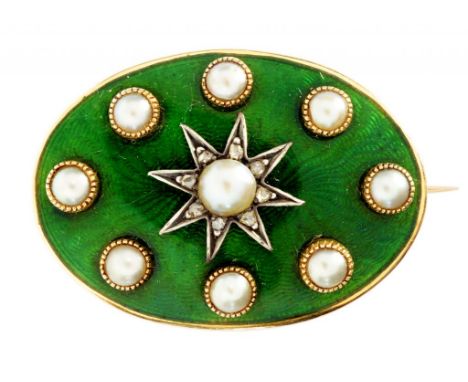 A DIAMOND, SPLIT PEARL AND GOLD AND GREEN GUILLOCHE ENAMEL BROOCH  2.6cm, fitted case signed for Aird & Thomson, Glasgow, 7.8