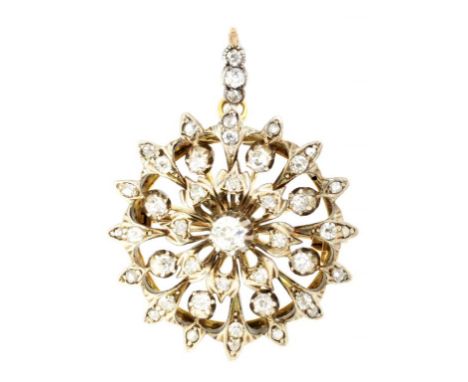 A DIAMOND  BROOCH-PENDANT of rose and old cut round and cushion shaped diamonds,  in gold with diamond loop, 3.7cm, 9g ++In f