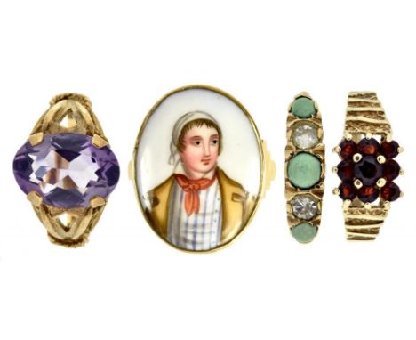 THREE GOLD RINGS variously gem set and a painted porcelain miniature plaque set in a gold ring, sizes M-R, 14.7g (4) ++All in