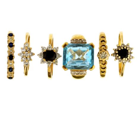 SIX GOLD RINGS  variously gem set, the largest with a rectangular briolette zircon, 12.4g, sizes H-K ++Several in good condit