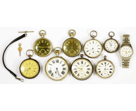 FOUR SILVER LEVER WATCHES AND A FOB WATCH,  ALL LATE 19TH/EARLY 20TH C, various makers and dates, two British Military issue 