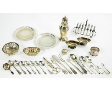 MISCELLANEOUS SMALL SILVER ARTICLES AND FLATWARE, EDWARD VII-GEORGE VI     to include a  seven hoop toast rack, pair of butte