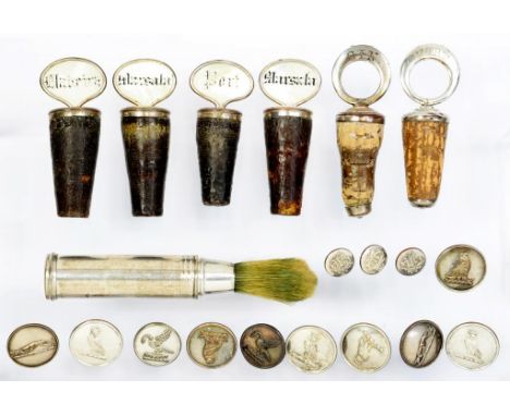 A GROUP OF SHEFFIELD PLATE SMALLWORK INCLUDING A SHAVING BRUSH, C1815  a pair and set of four decanter corks, the set with mo