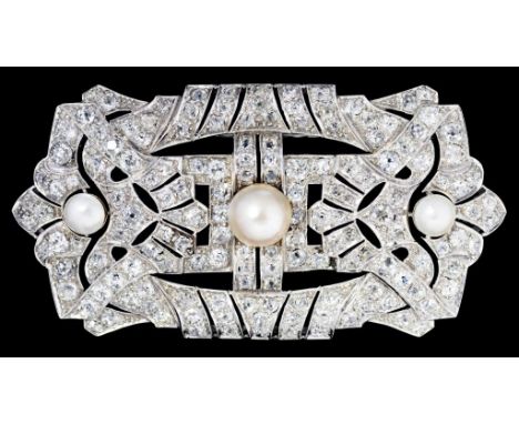 A DIAMOND AND CULTURED PEARL GEOMETRIC BROOCH  with round and cushion shaped old cut diamonds, millegrain set in white gold, 