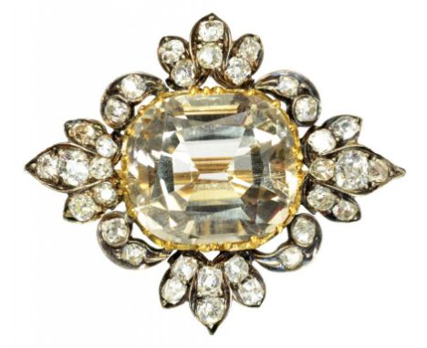 A WHITE SAPPHIRE AND DIAMOND BROOCH, LATE 19TH C  with a cushion shaped white sapphire and surround of old cut round and cush