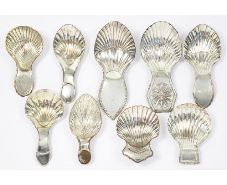 NINE SHEFFIELD PLATE CADDY SPOONS, C1780-90 various shapes, all with fluted bowl, 5.5-10cm l, one by Matthew Boulton Crosskey