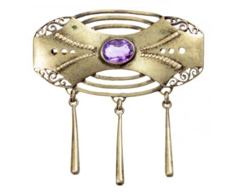 AN ART NOUVEAU AMETHYST AND SILVER BROOCH, C1910  3.4cm w. maker's mark S intersected by an arrow, 935 and DEPOSE, 4.9g ++In 