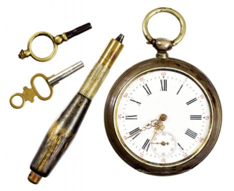 A SWISS SILVER CYLINDER WATCH, LATE 19TH C with enamel dial,the  case engine turned, 4.6cm diam,   control marks, a contempor