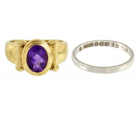 AN AMETHYST  RING in 9ct gold, 4g, size N and a platinum wedding ring, Birmingham 1975, 3.1g, size O (2) ++Both in good secon