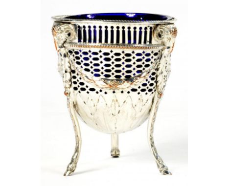 A PIERCED SHEFFIELD PLATE NEO CLASSICAL STYLE SUGAR BASIN, BY MORTON & CO, C1775 applied with three rams heads to the border,