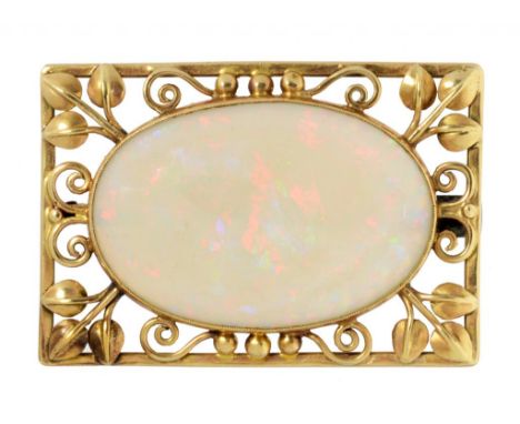 AN ARTS & CRAFTS   GOLD OPENWORK BROOCH SET WITH AN OPAL, C1910  2.7 x 3.9cm, unmarked, 10g ++In fine original condition