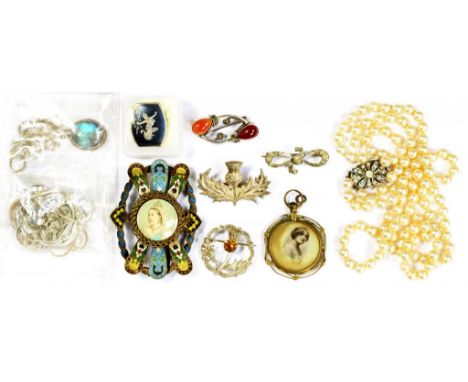 MISCELLANEOUS SILVER AND OTHER JEWELLERY,  VICTORIAN AND LATER to include a cornelian and marcasite bar brooch, a Victorian c